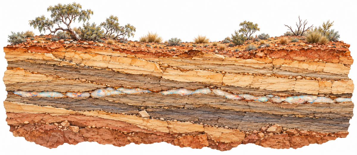 Australian rock layers beneath native scrub, with a white opal seam showing flashes of colour.