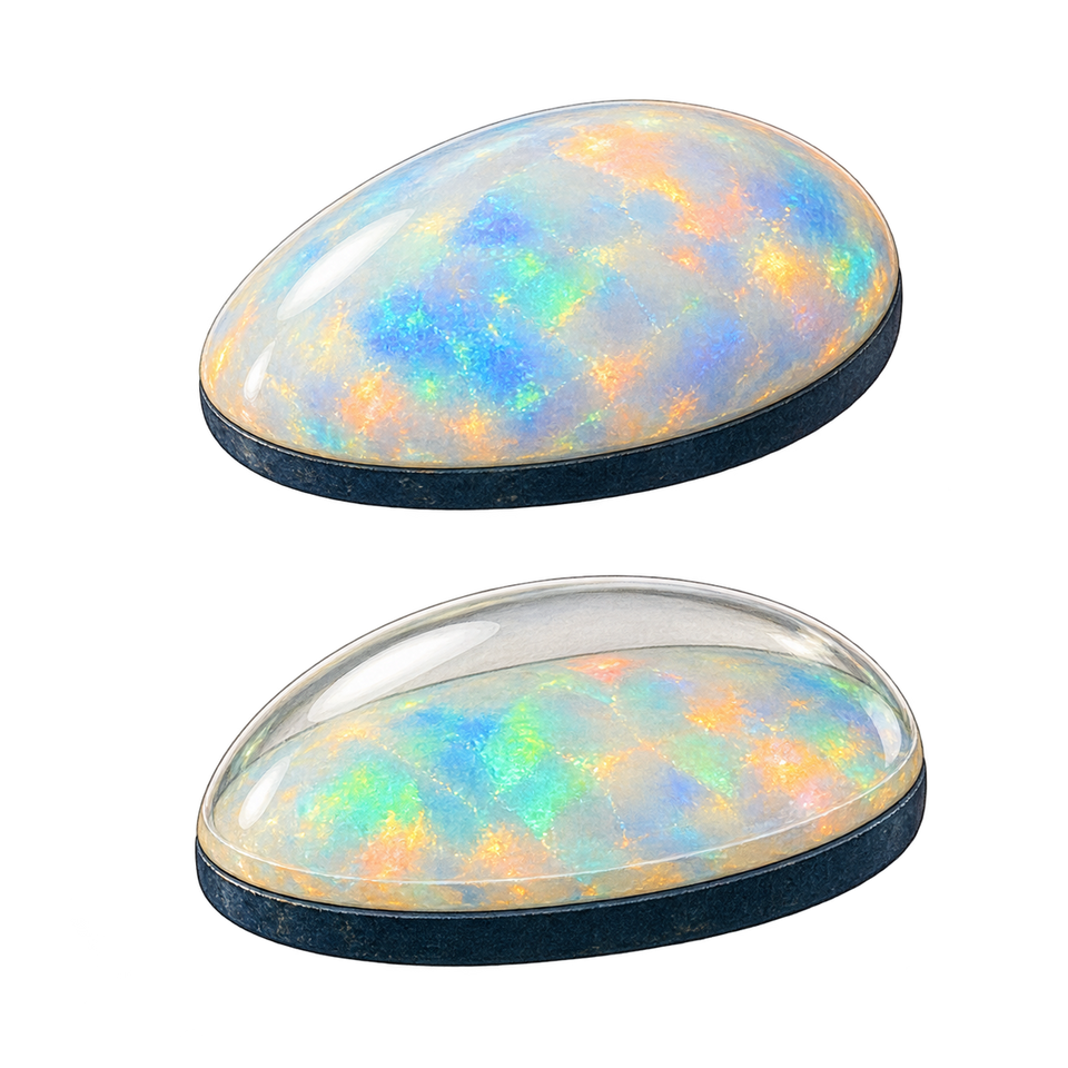 Doublet and triplet opals shown in profile, with dark backings and a clear cap on the triplet.