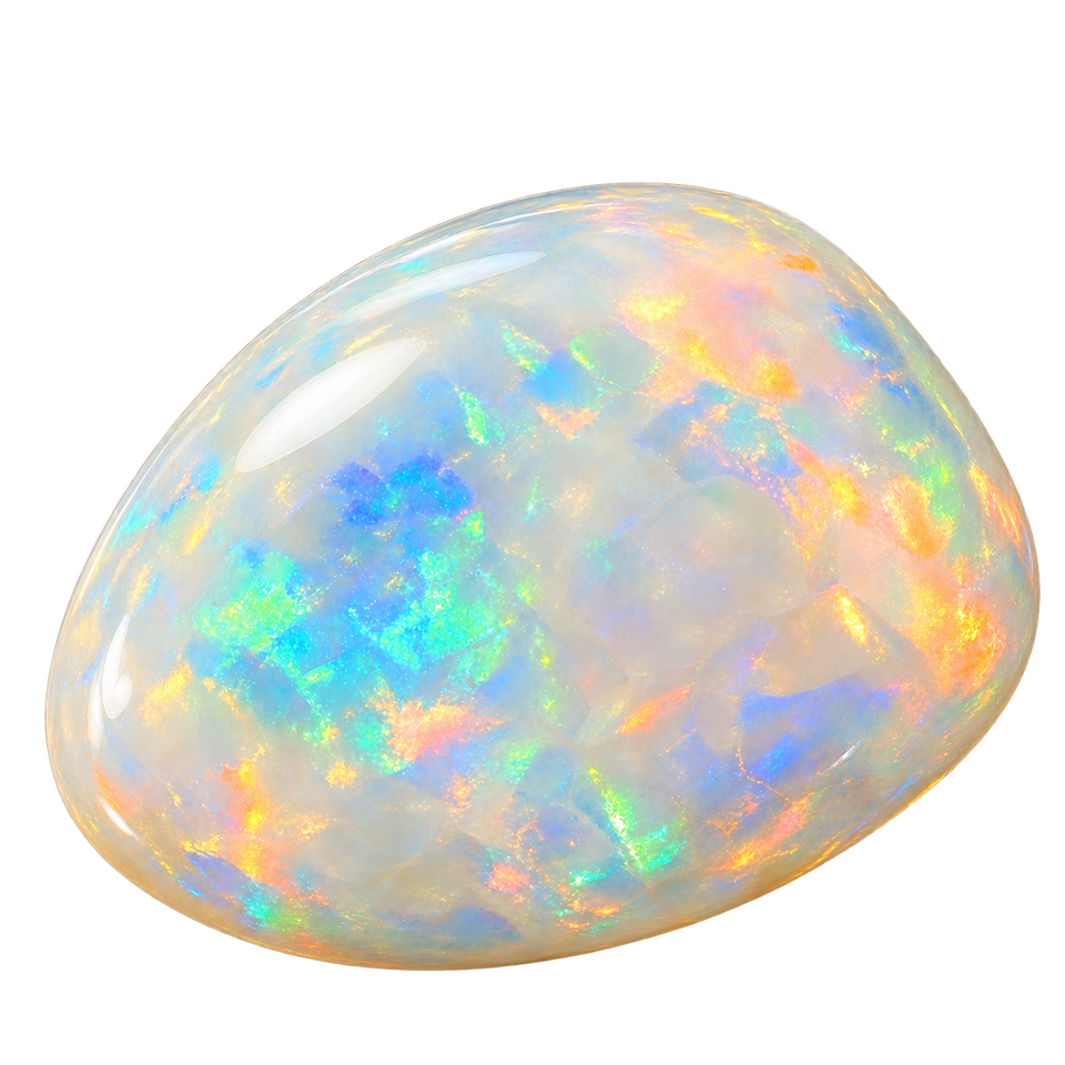 A polished solid opal with a pale body and flashes of blue, green and orange.