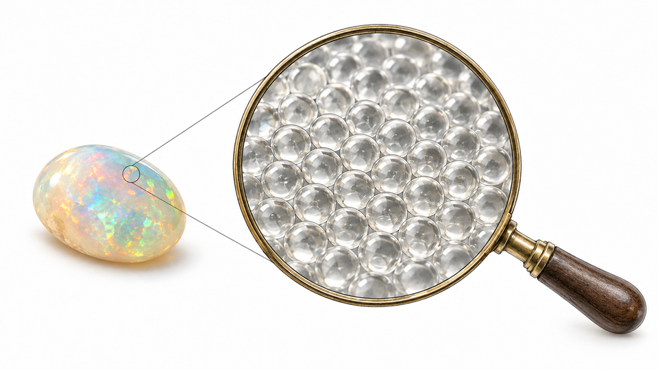 An opal and a magnifying glass revealing regularly arranged, translucent silica particles.