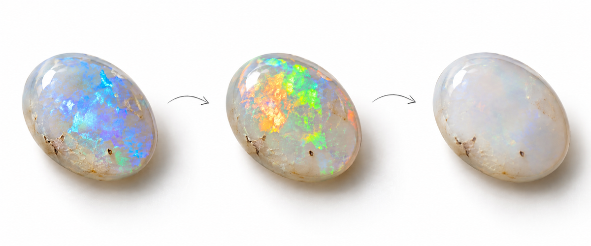 The same opal at three viewing angles: a blue flash, bright green and orange, then almost no visible colour.