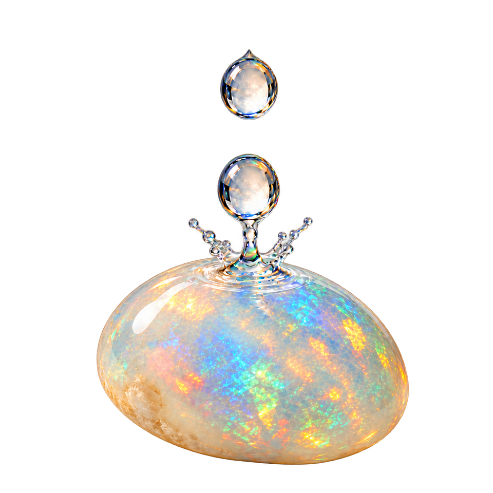 Illustration of water drops transforming into a polished opal.